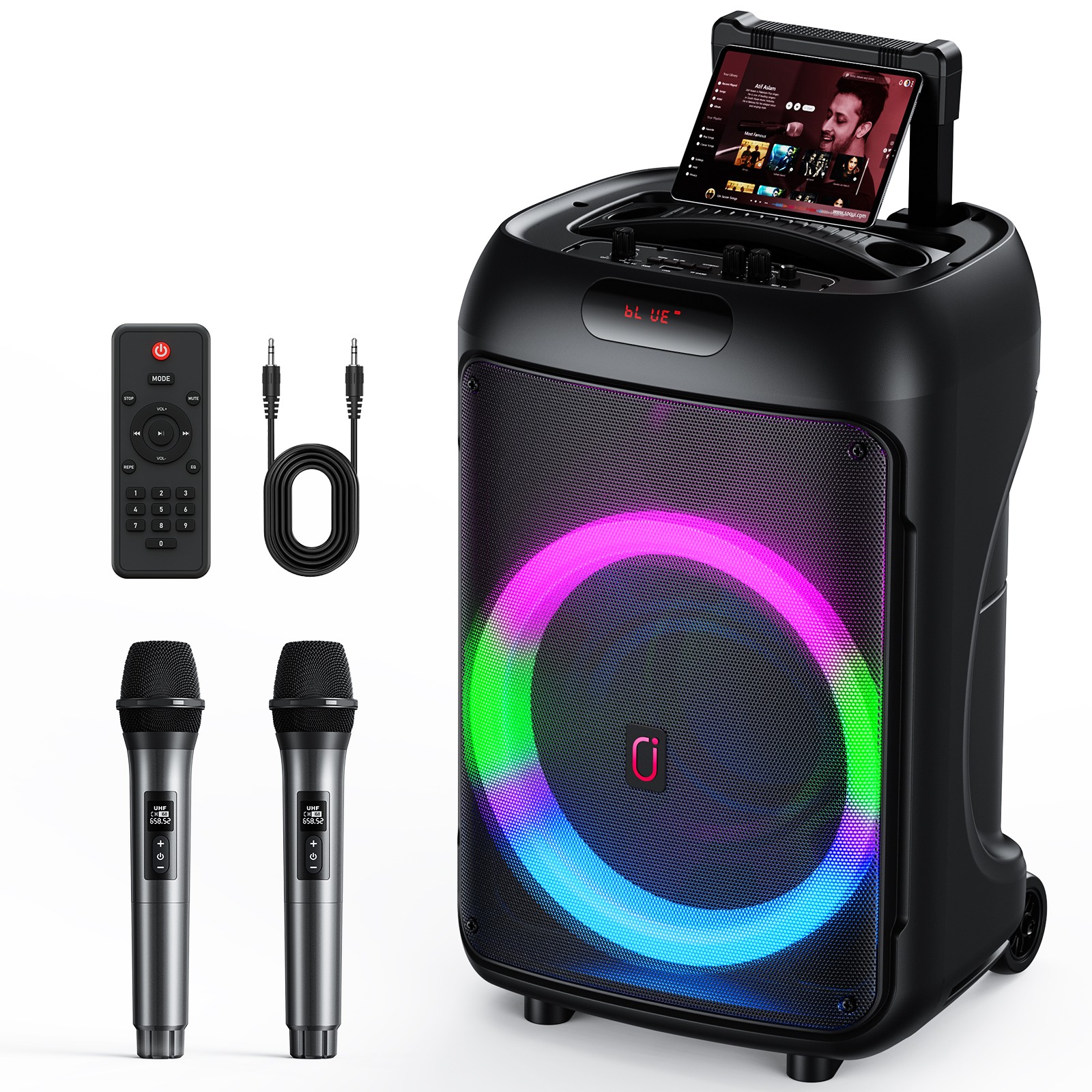 JYX Bluetooth PA Speaker System Karaoke Machine With 2 Mic Rolling Cart Portable