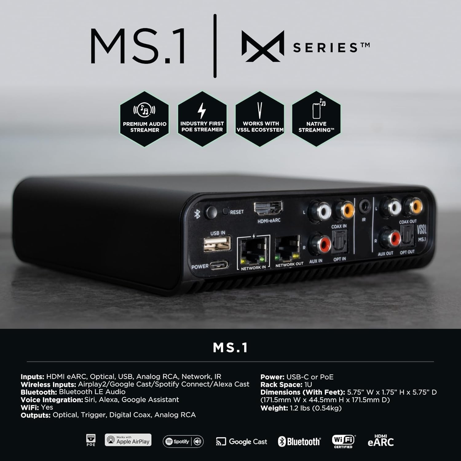 VSSL MS.1 AirPlay 2 Wireless Audio Streamer | Google Cast, Spotify Connect |