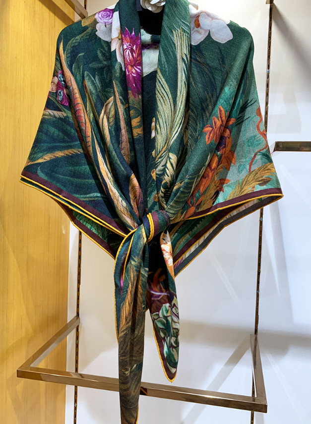 75% Cashmere 25% Silk Bandana Wrap Green forest Print Double Face Scarf 53'' new
