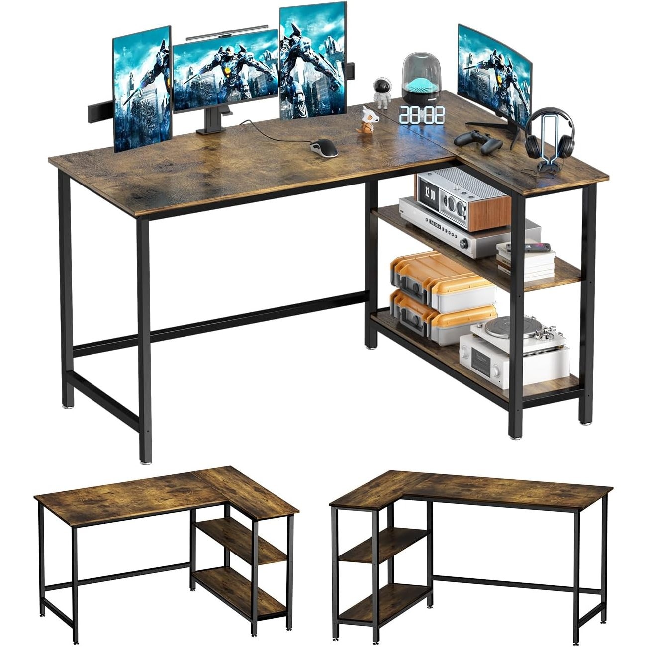 43" L-Shaped Home Office Computer Desk w Shelves, Rustic Brown w Black Frame