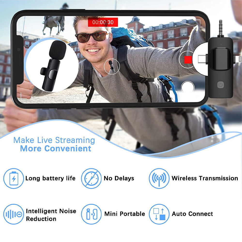 For Android/iphone 3 in 1 Wireless Lavalier Microphone Audio Video Recording Mic