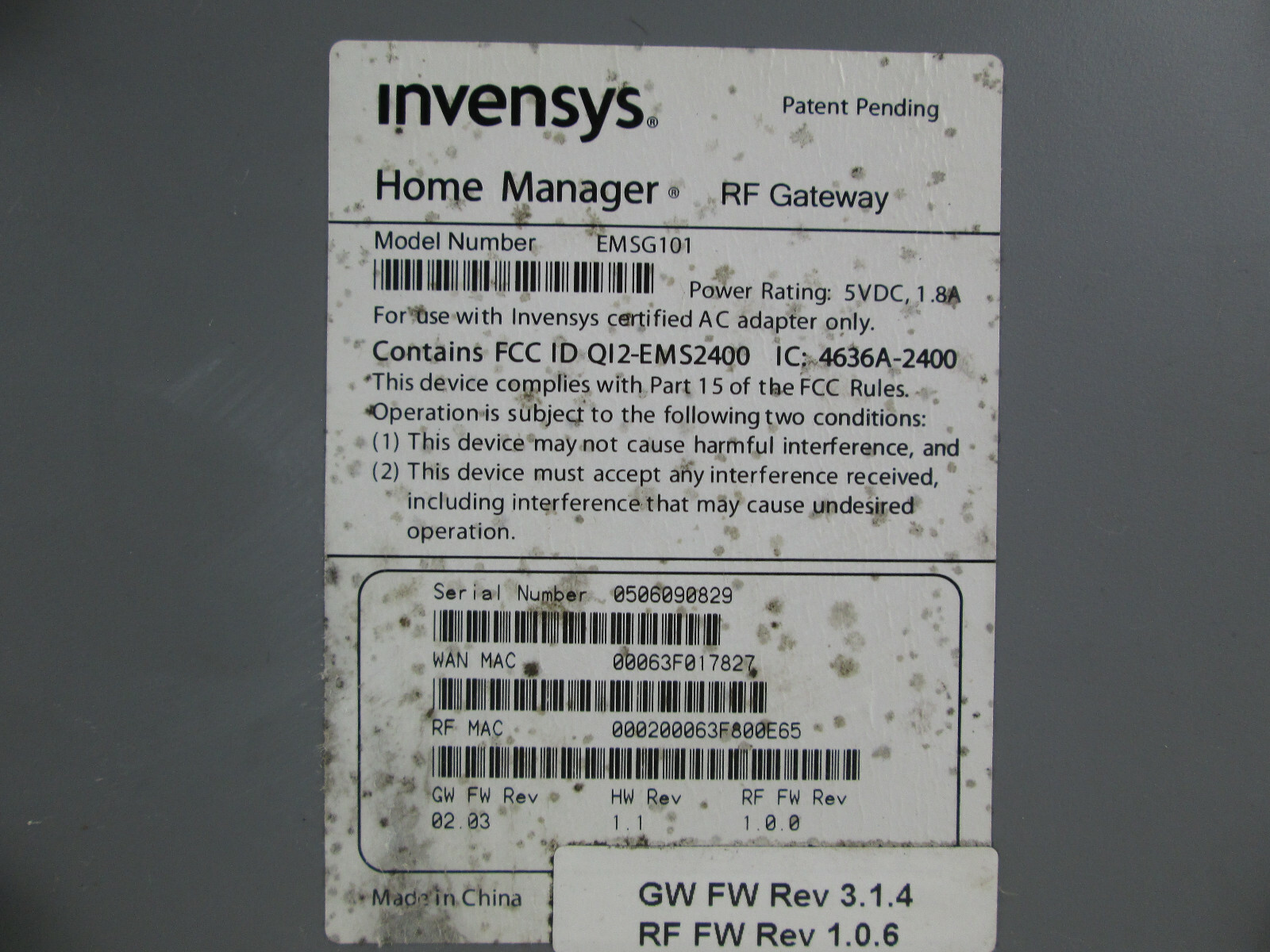 Invensys Home Manager RF Gateway EMSG101