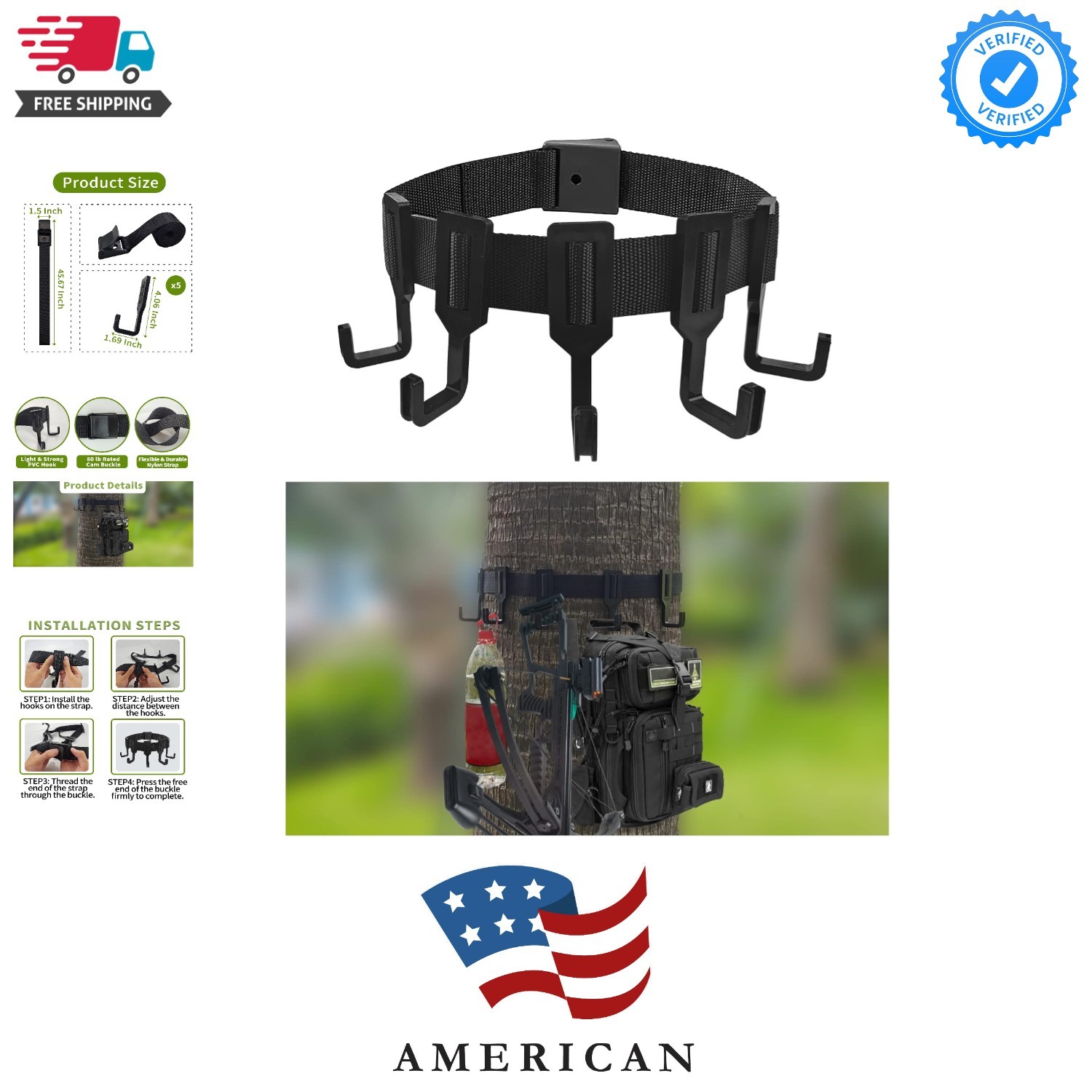 Treestand Strap Gear Hangers with Large Hooks, Lightweight Multi-Hook Accesso...
