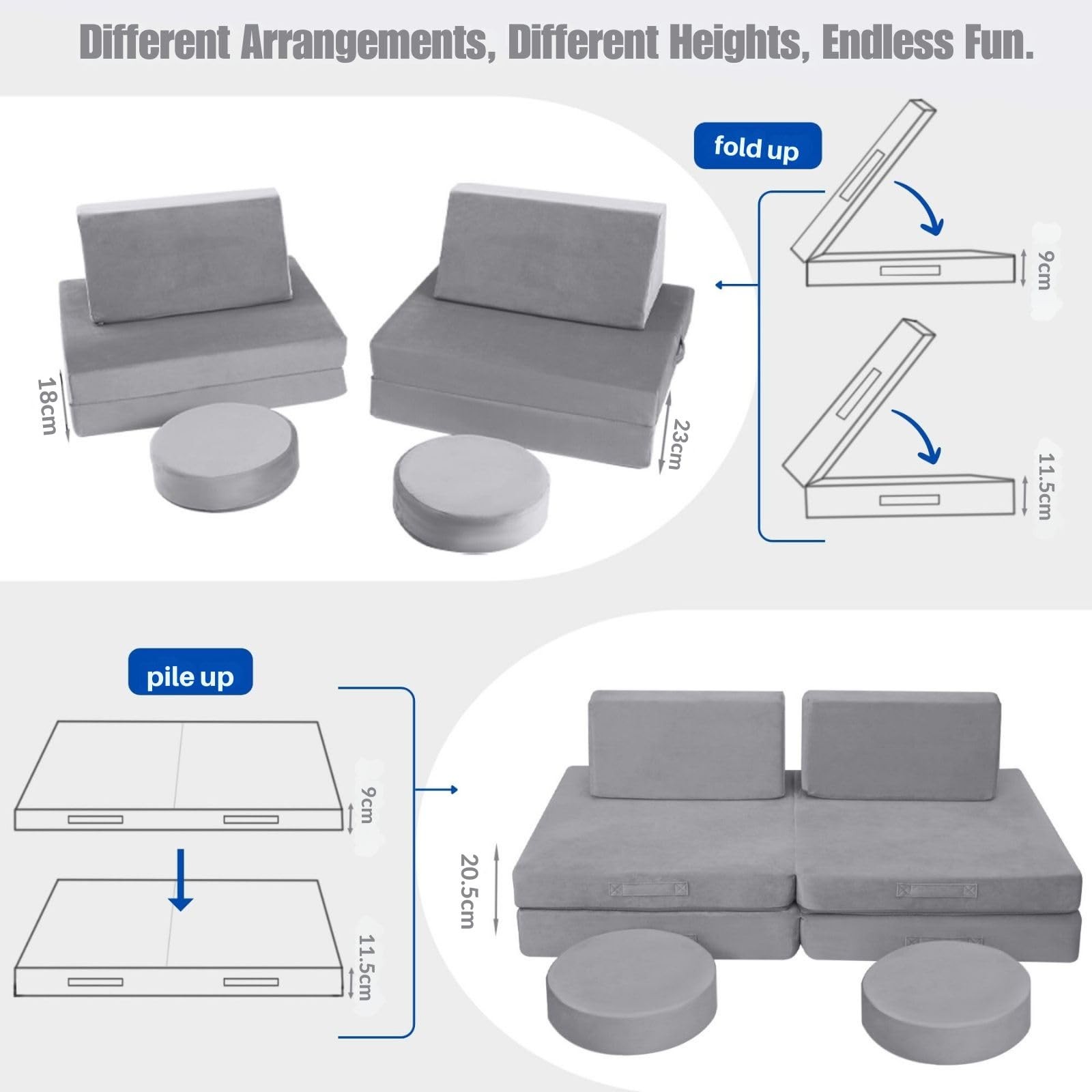 Modular Play Couch, 8-Piece Convertible Couch Set in Grey, Foam Fort Builder ...