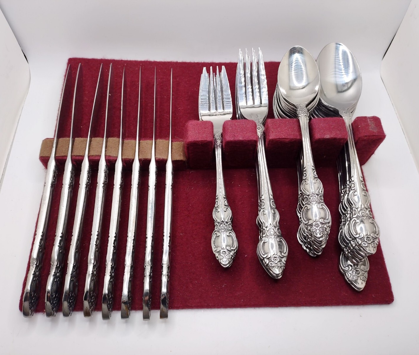 Vtg Stainless Steel Floral Scroll Edge Flatware Set Dillards Korea Retired 50pc