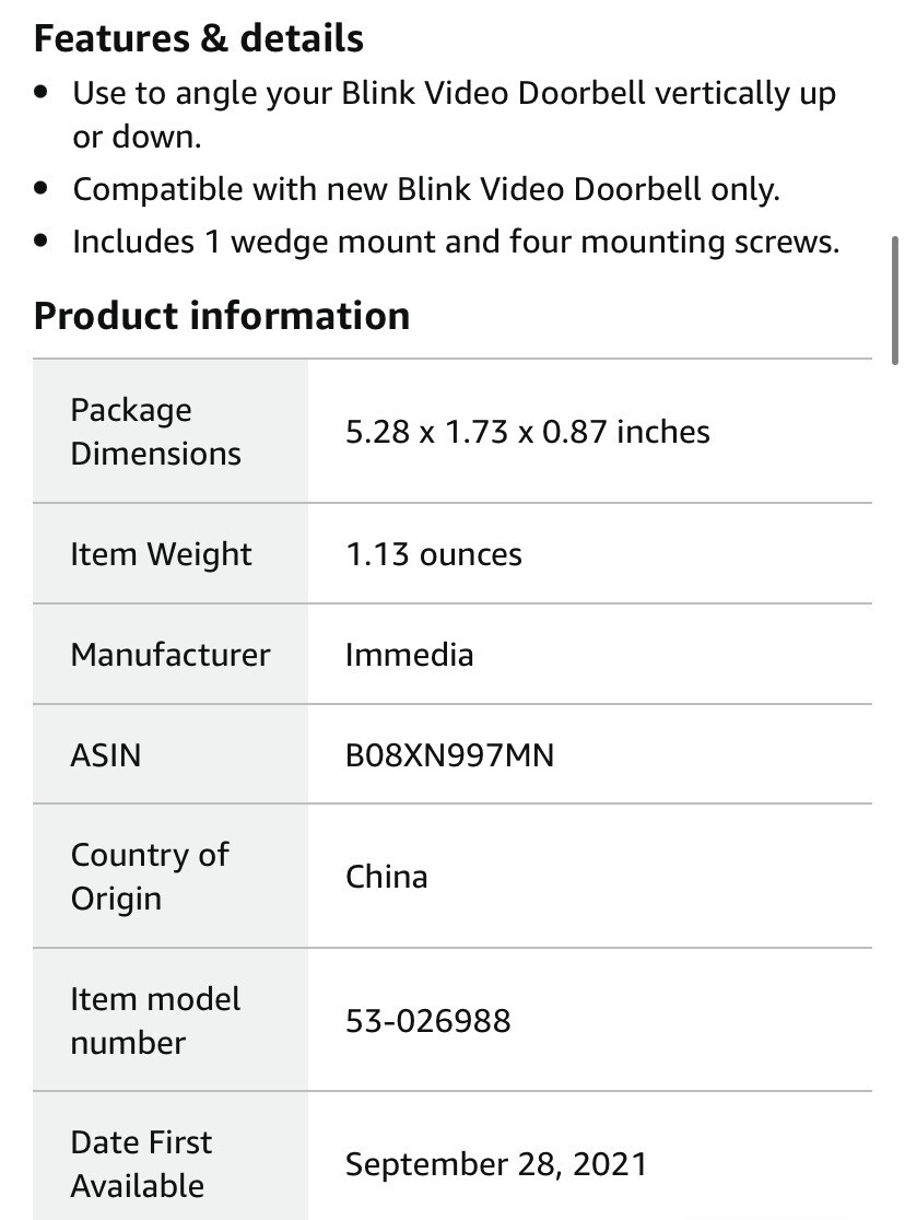 45° WEDGE WALL MOUNT FOR BLINK / NEST BATTERY DOORBELLS