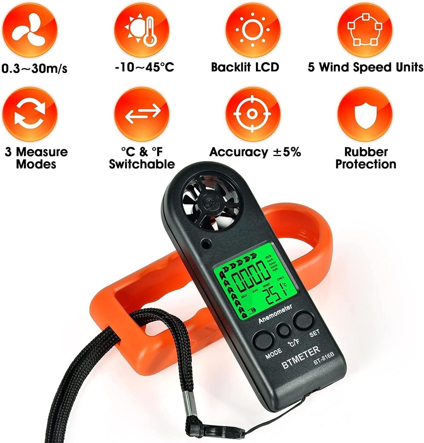 Anemometer Handheld Wind Speed Meter, BT816B Mini Digital Air Flow Meter with...
