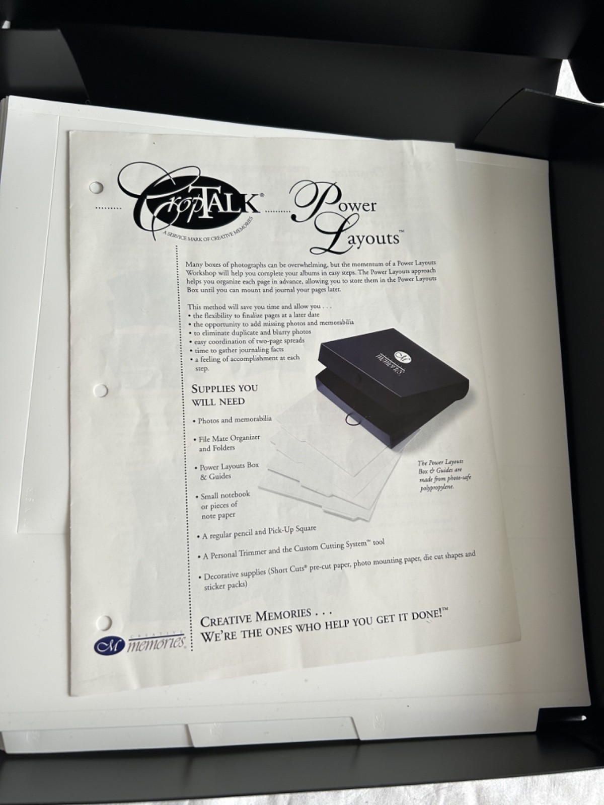 CREATIVE MEMORIES Crop Talk Power Layout Guides for SCRAPBOOK Black Storage Box