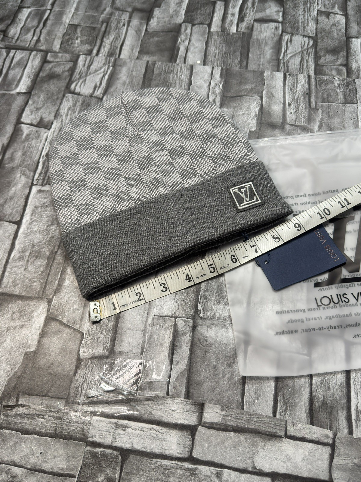Gray Monogram Knit Beanie LV Patch Logo - One Size - L284