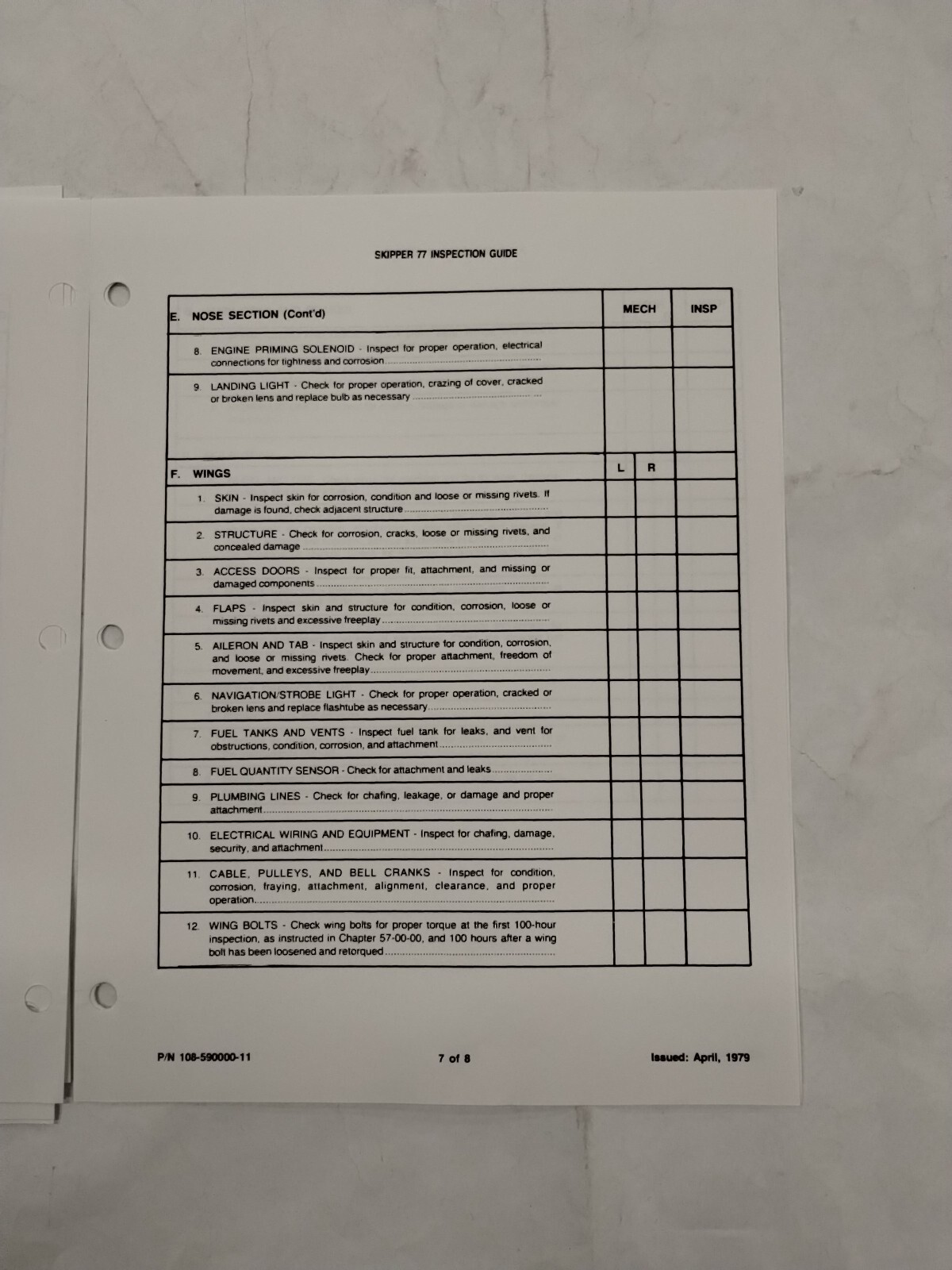 Beechcraft Model Skipper 77 Inspection Guide (12-Sets)-Original