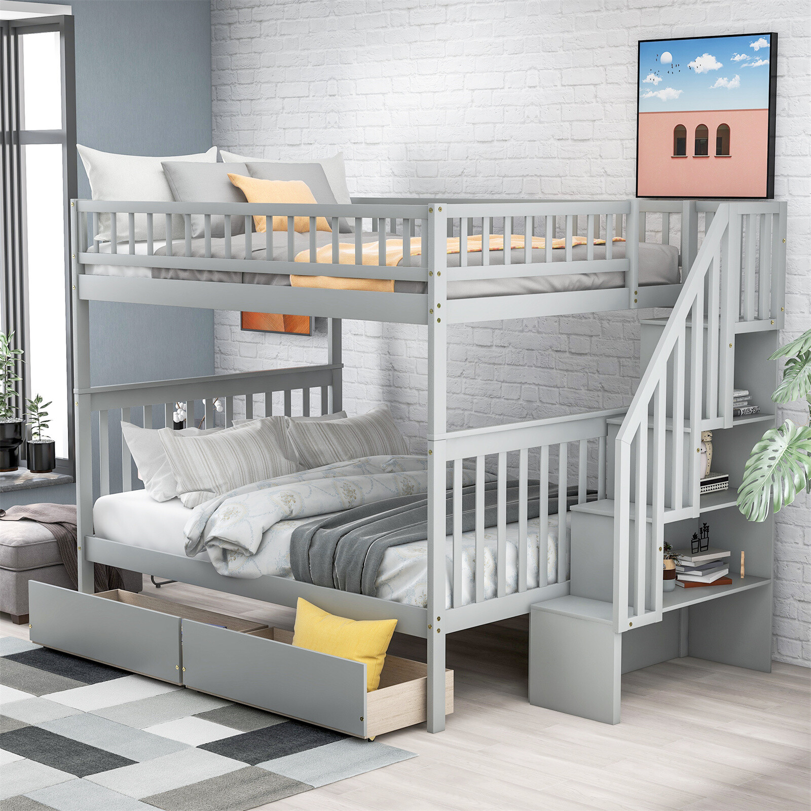 Bunk Beds Full Over Full Kids Adult Wood Loft Bunk bed with storage for Bedroom