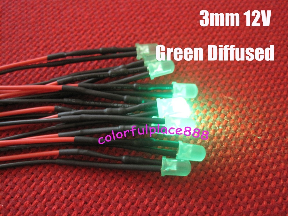 20pcs, 3mm Green Diffused Round Top 9V 12V DC Pre-Wired LED Leds Light 20CM New