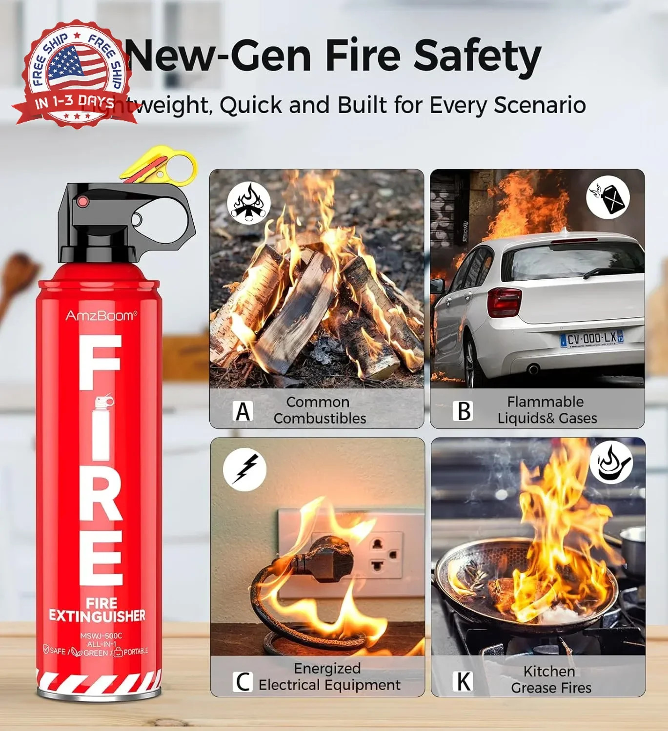 Fire Extinguisher for Home 1Pack, Kitchen, Car, and Grill,Compact Water-Based A,