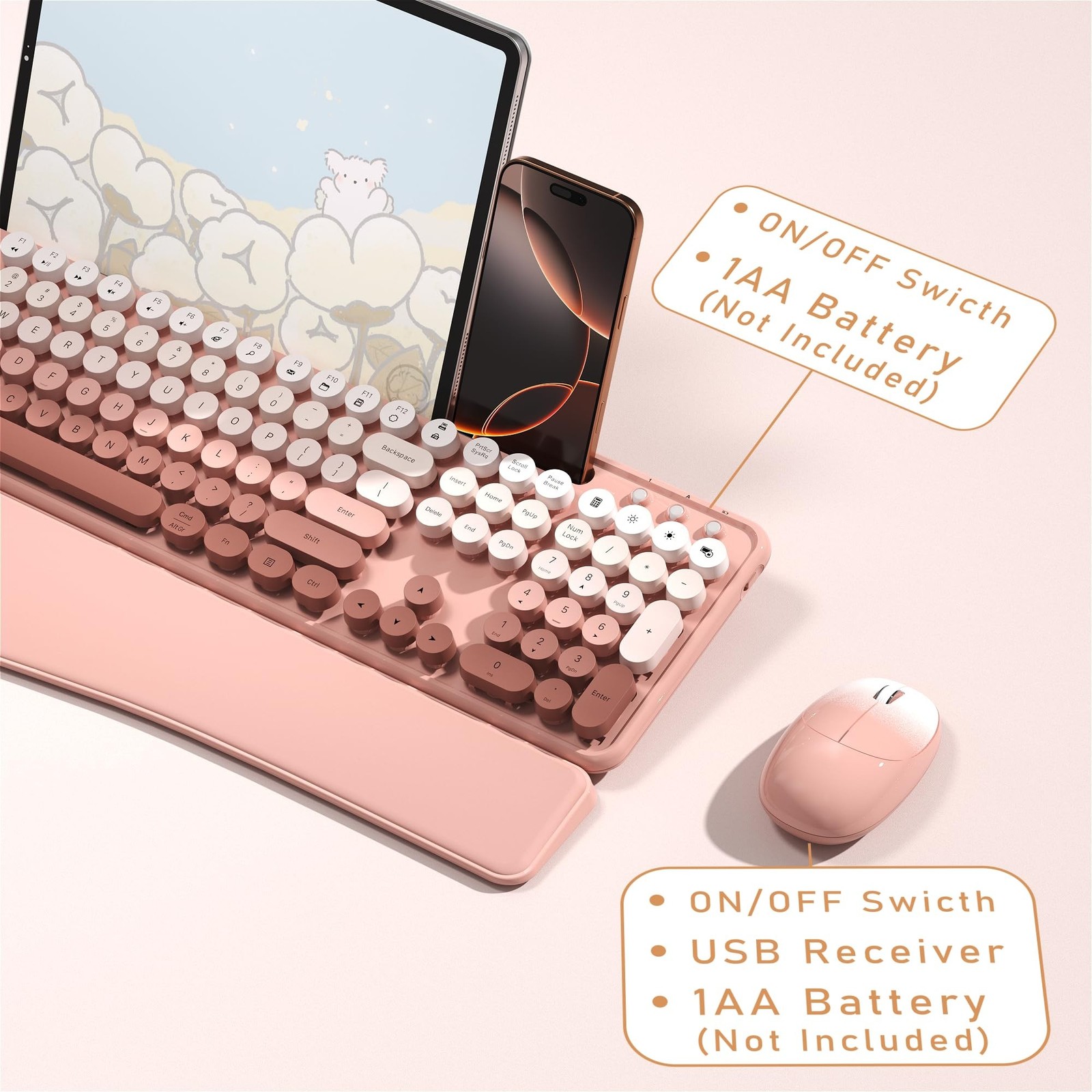 MPTOG Colorful Wireless Computer Keyboard and Mouse Combo with Phone Holder, ...