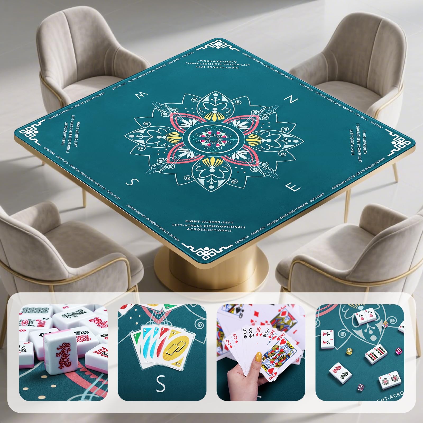 DEVPNR Mahjong Mat for Table with Rules, 32.6"x32.6", Green