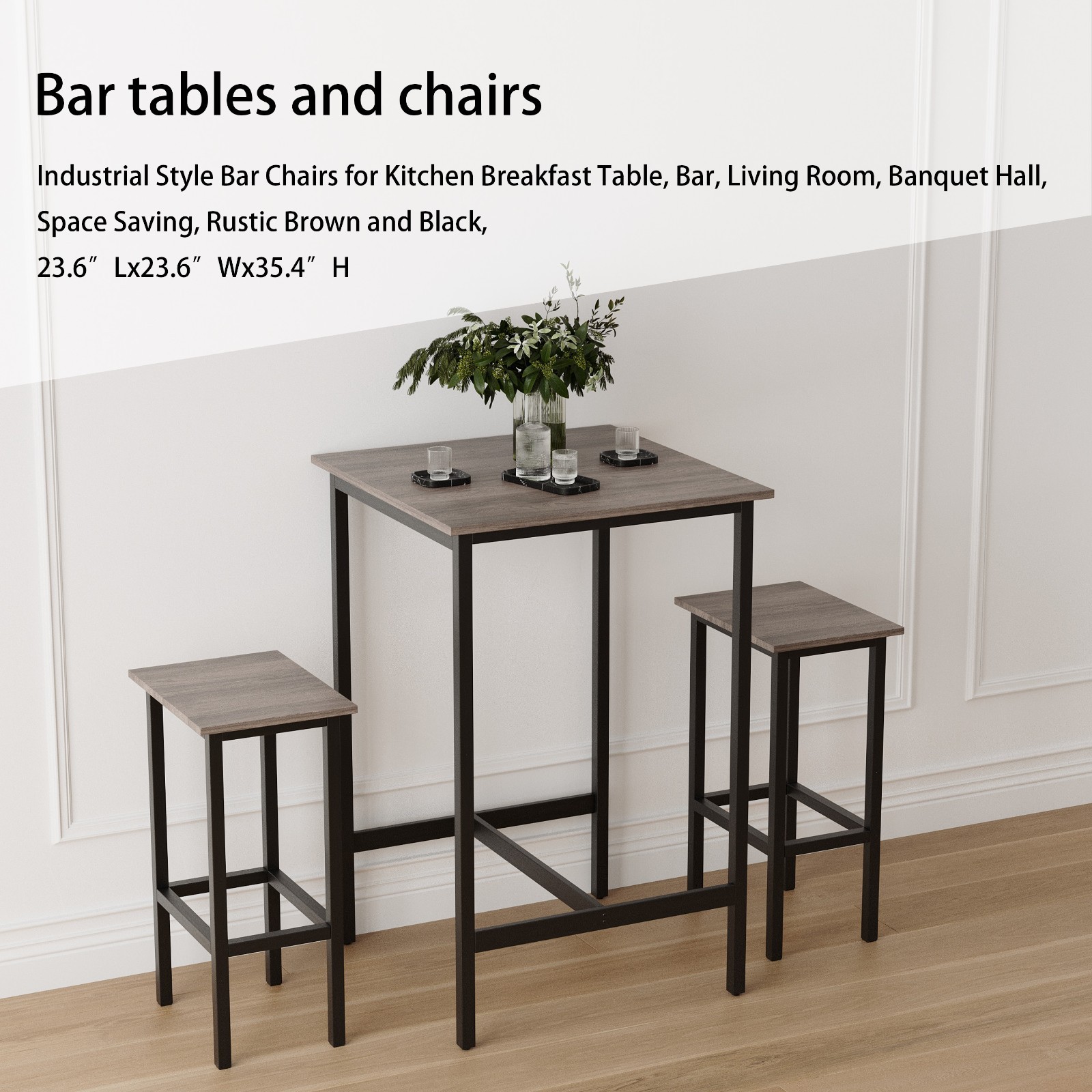 Grey Bar Table Set with 2 Bar Stools, 23.6"x23.6"x35.4"H, Modern Style