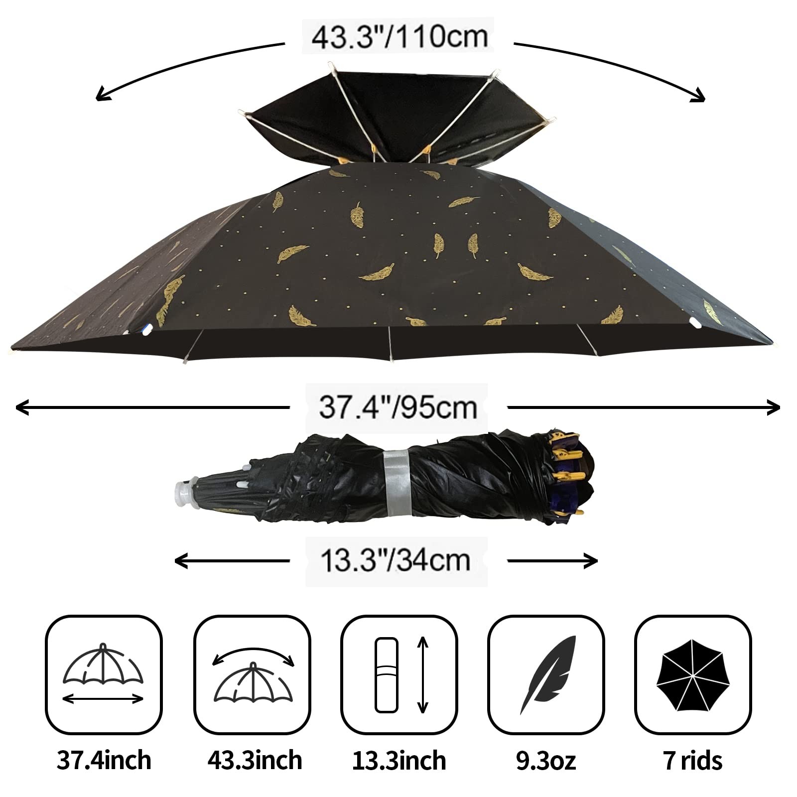 NEW-Vi Umbrella Hat Folding Adjustable Sun Rain Cap, 37.4” UPF 50+ UV Protect...