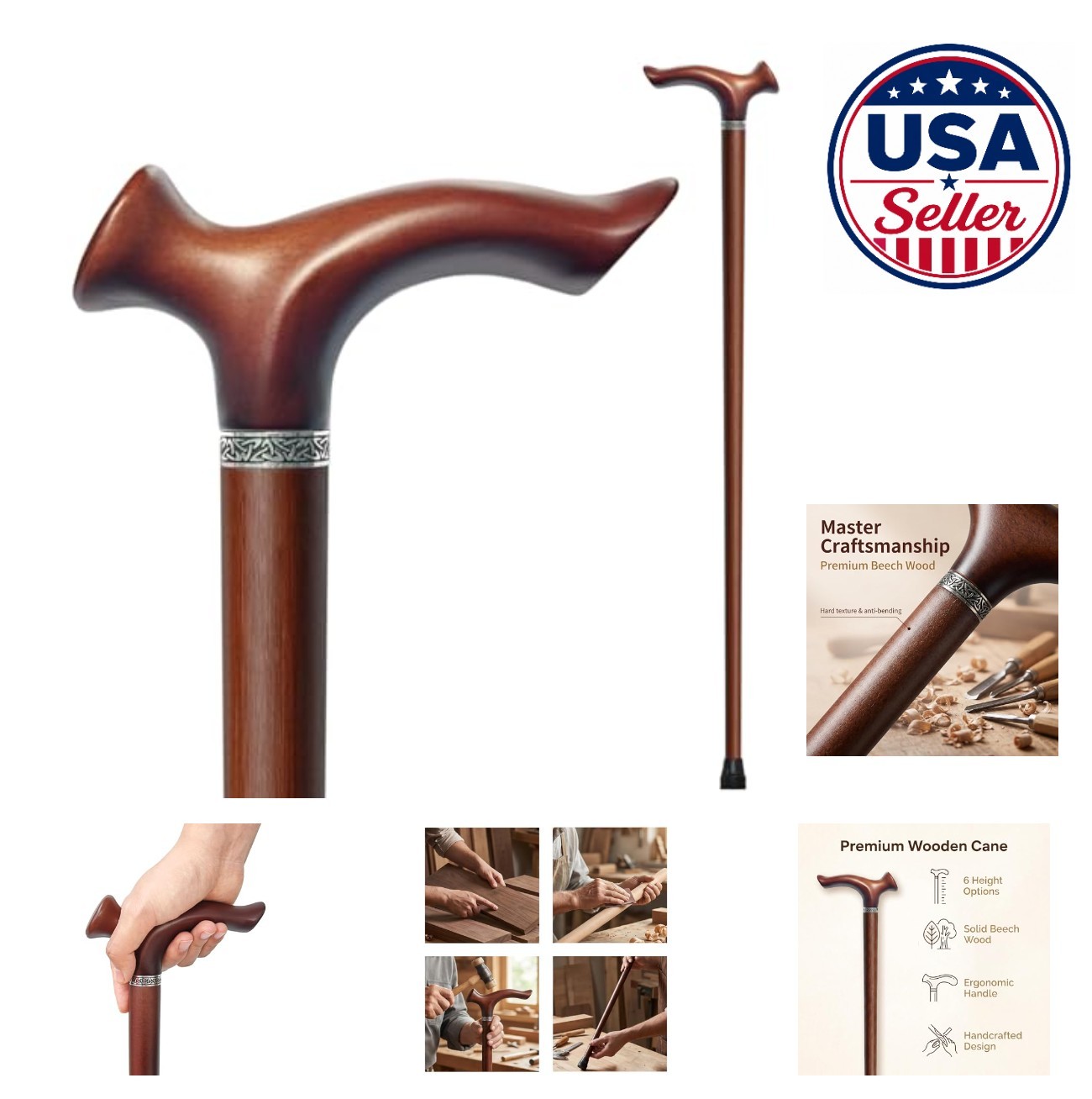 Wooden Walking Cane Beech Wood Ergonomic Handle Non-Slip Rubber Tip 33 to 38