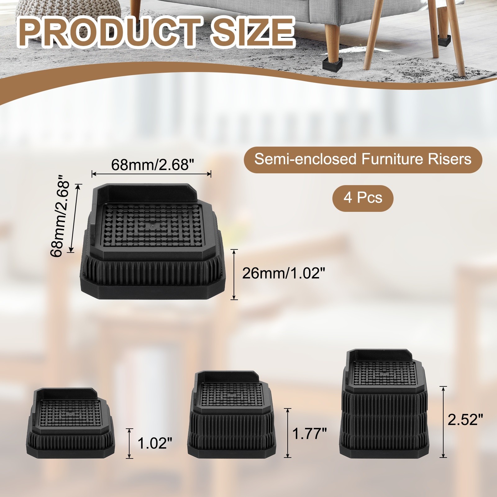 Bed Risers, Square Heavy Duty Stackable Lift Block to 1 Inch, Black