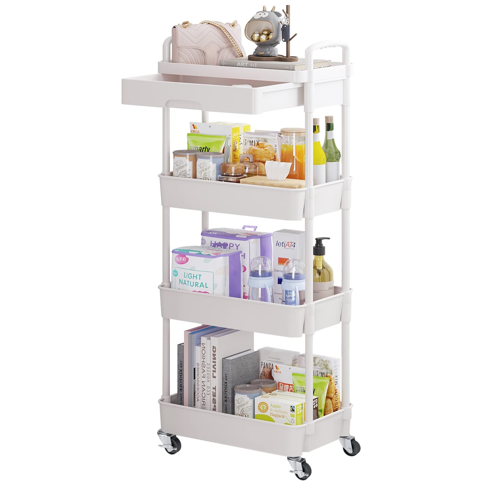 White 4Tier Rolling Utility Cart Storage Organizer Drawer Shelf Metal Wheel