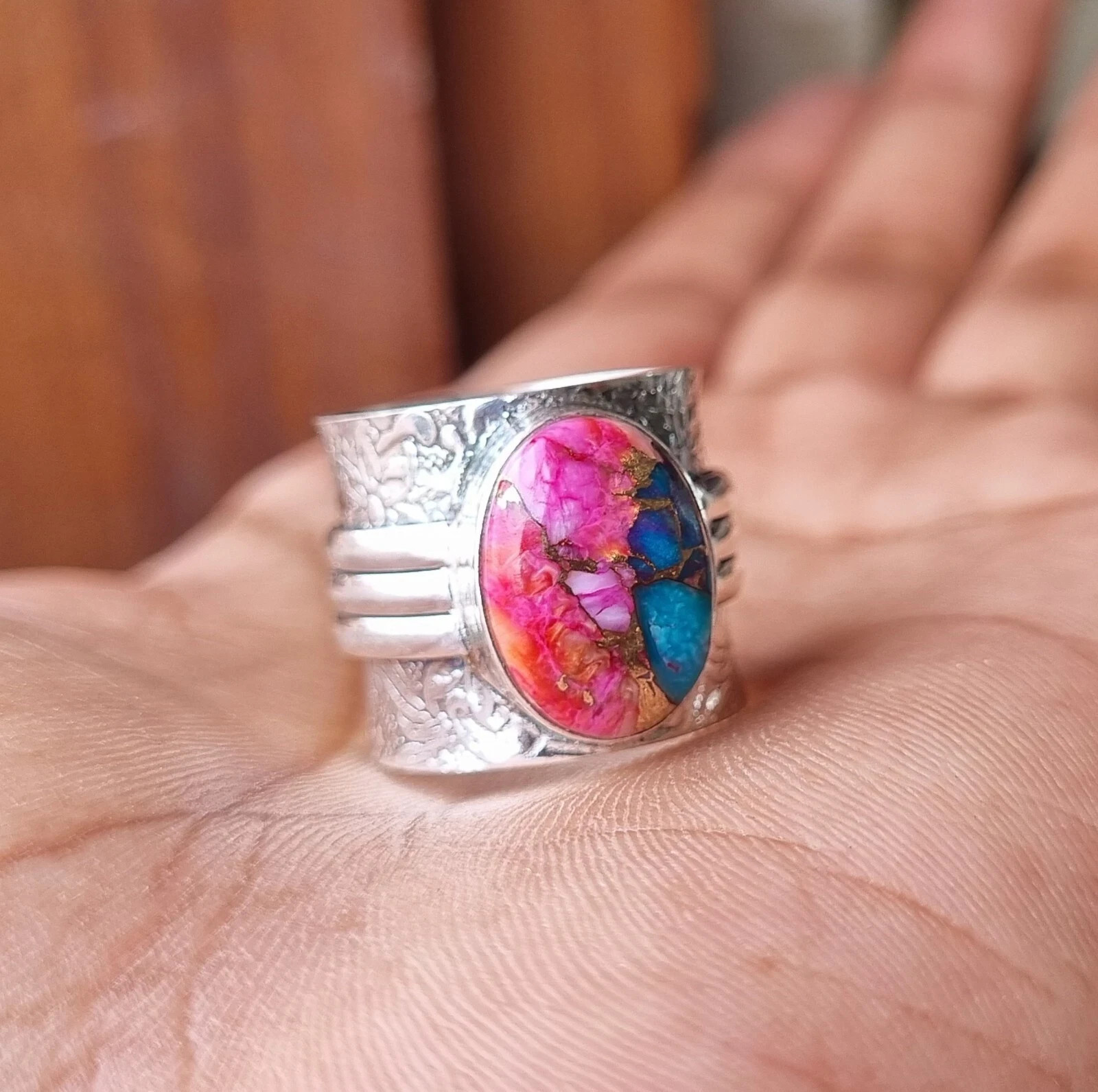 Pink Copper Turquoise Gemstone Ring Solid 925 Sterling Silver Beautiful Ring MK*