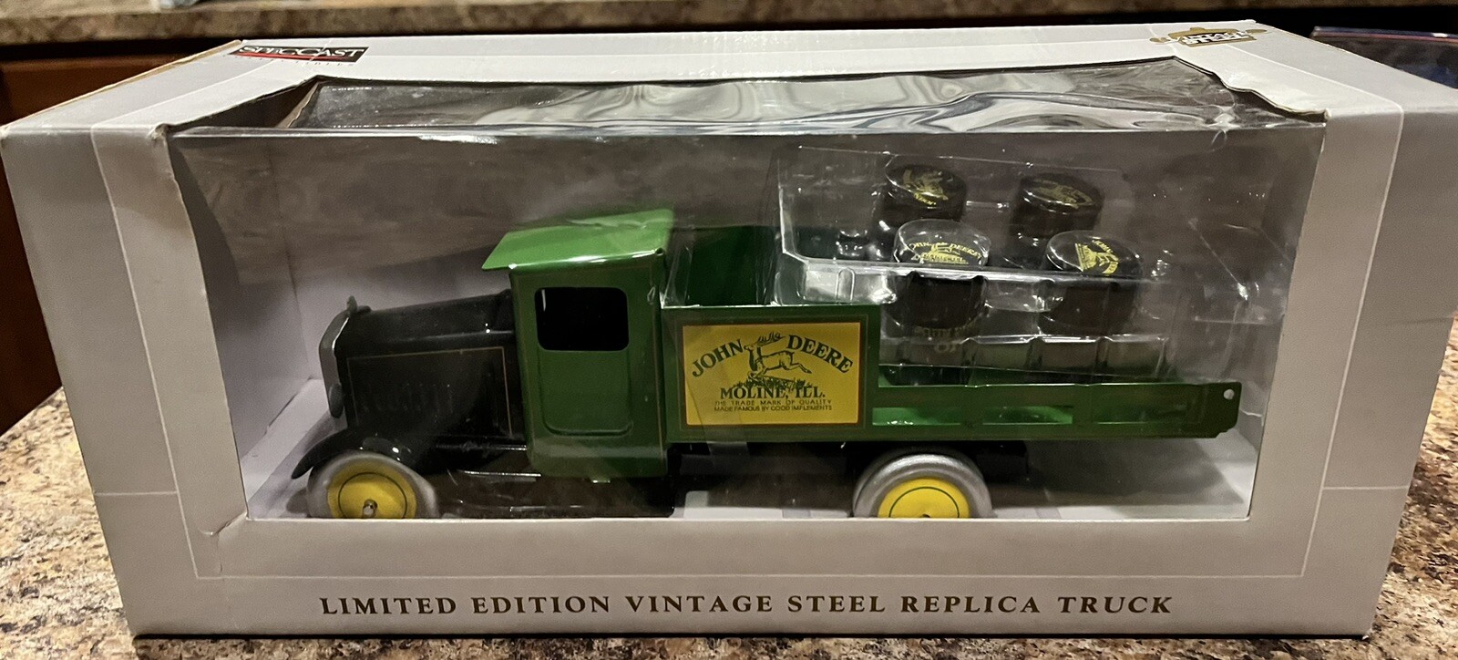 SpecCast Ltd Edition Vtg Steel Truck Replica, John Deere w/Oil Barrels in Box