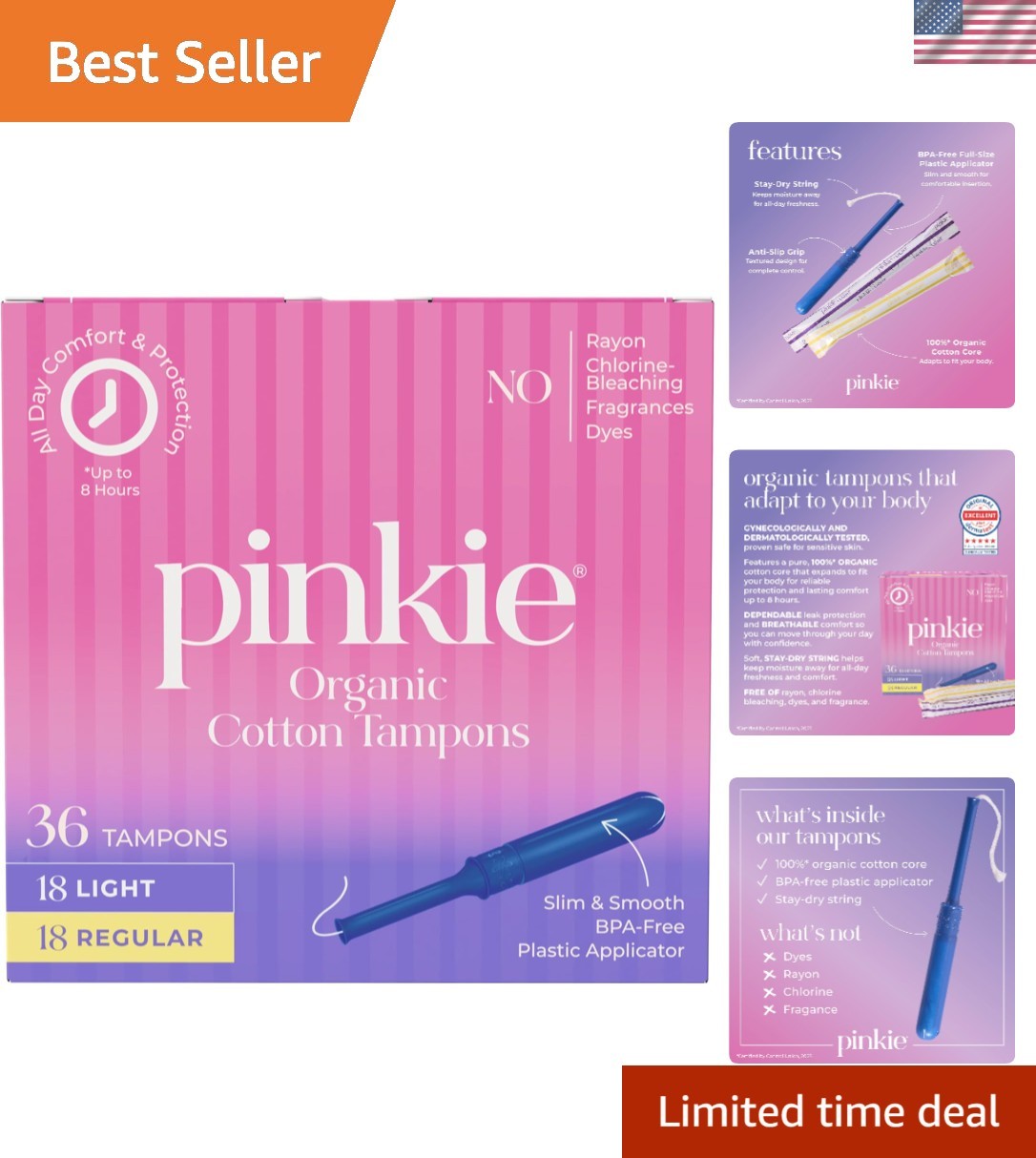 Pinkie Organic Tampons for Teens & Adults - 100% Cotton Core Adapts to Your B...