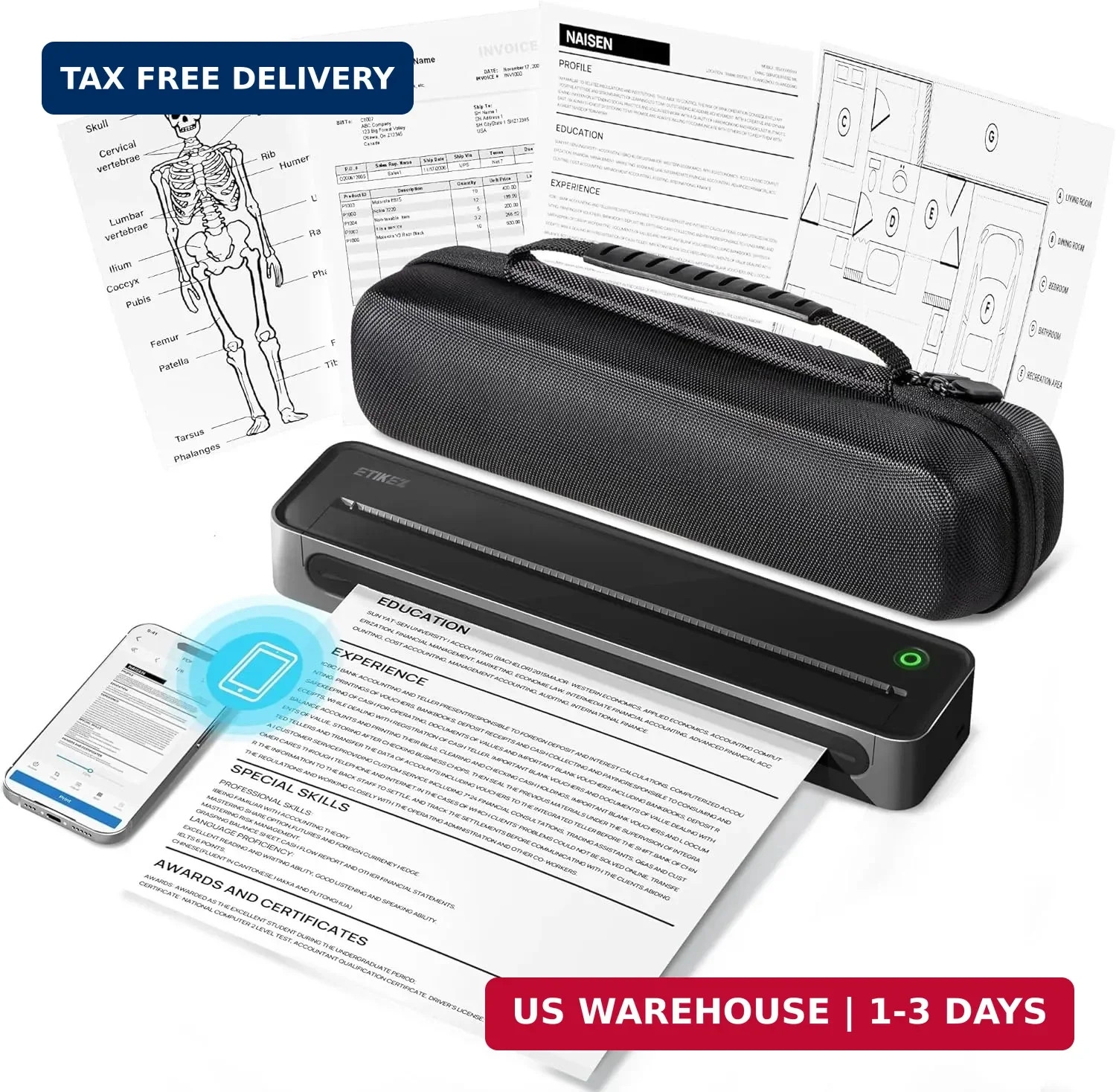 D90E Inkless Portable Printer for Travel, Supports 8.5 x 11 Inch Thermal Paper W
