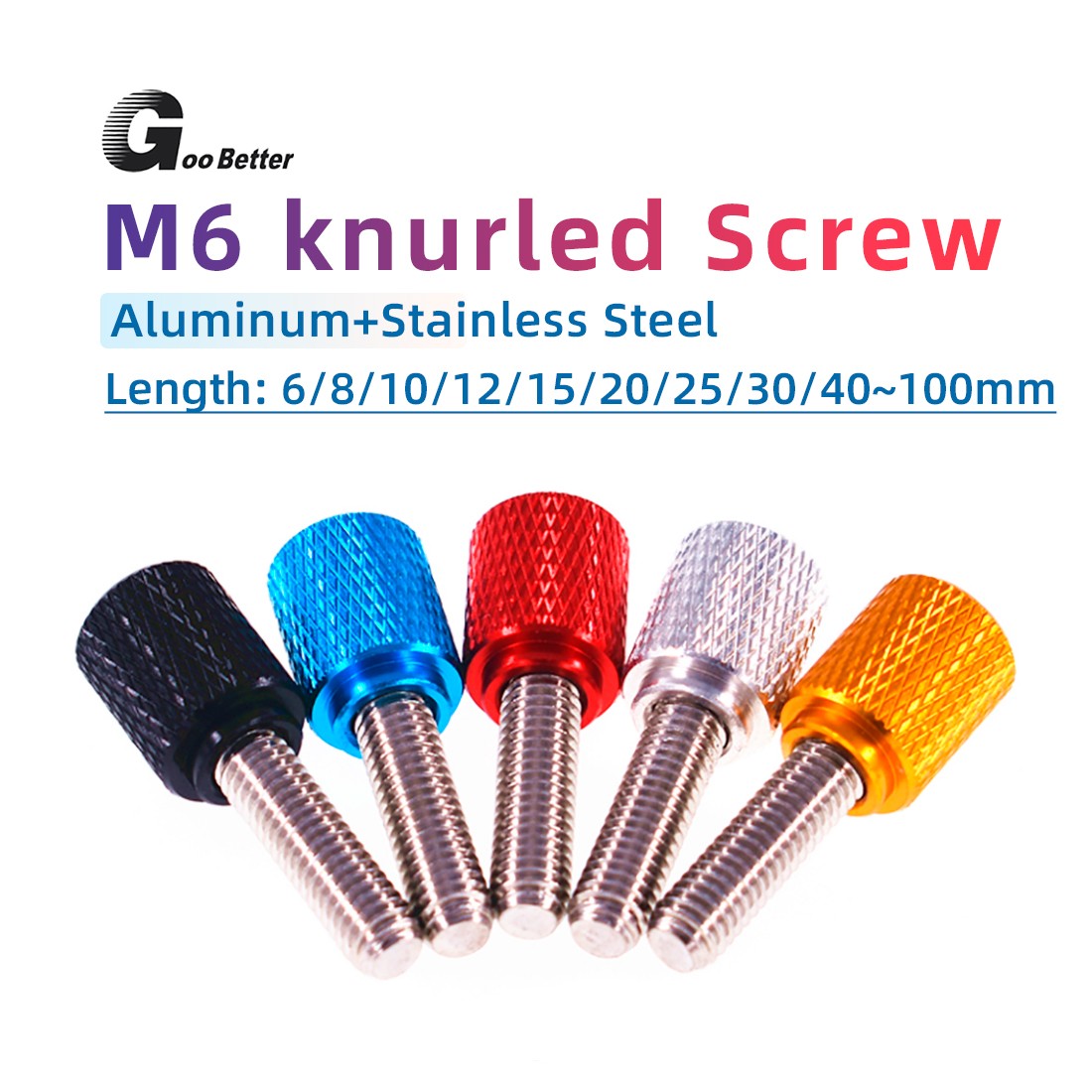 5PC M6 Aluminum+Stainless Steel Knurled Thumb Screw Thumbscrew Bolt Long 5-100mm