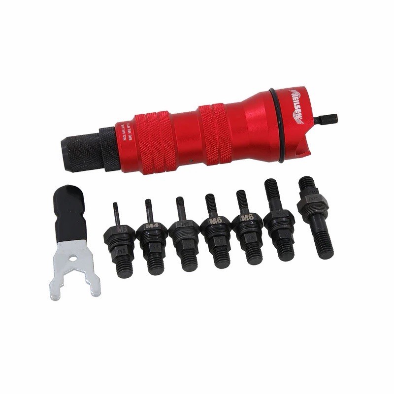 Nut Rivet Drill Adapter Kit, CNC Aluminium, 7 Mandrels, 1/4" Hex Shank