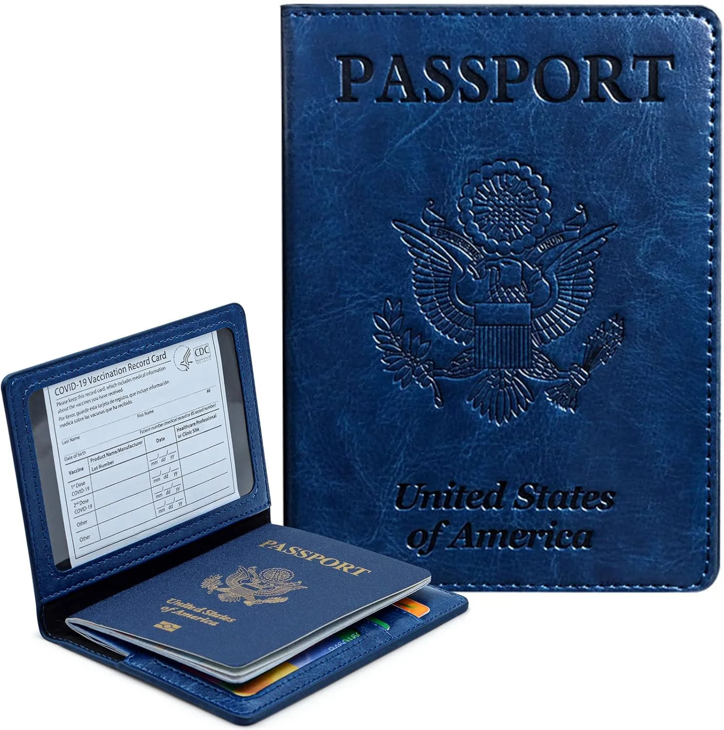 Passport Holder Navy Blue Leather Travel Wallet RFID Blocking Protector