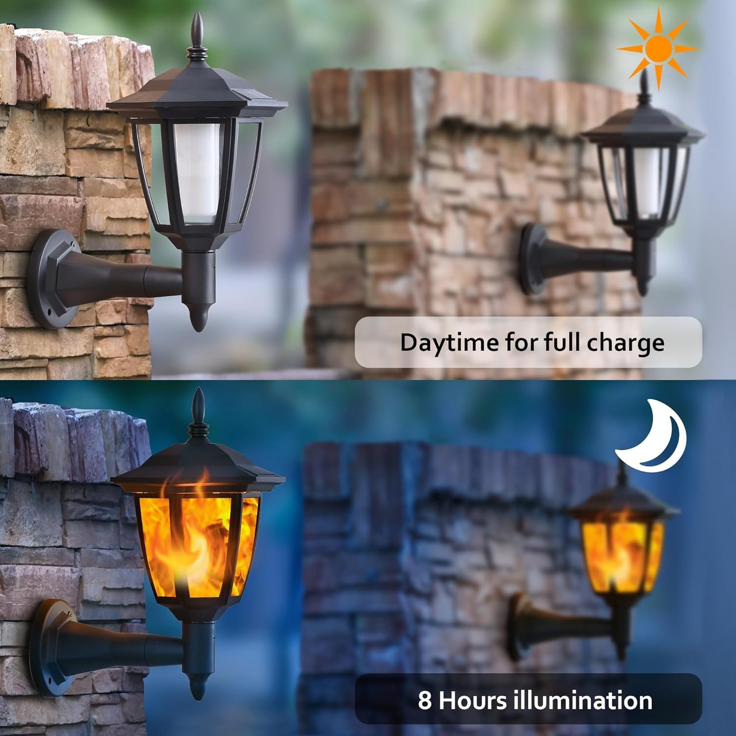 Dynaming 2 Pack Solar Flame Wall Lanterns Outdoor, Solar Powered Wall Mounted Sc