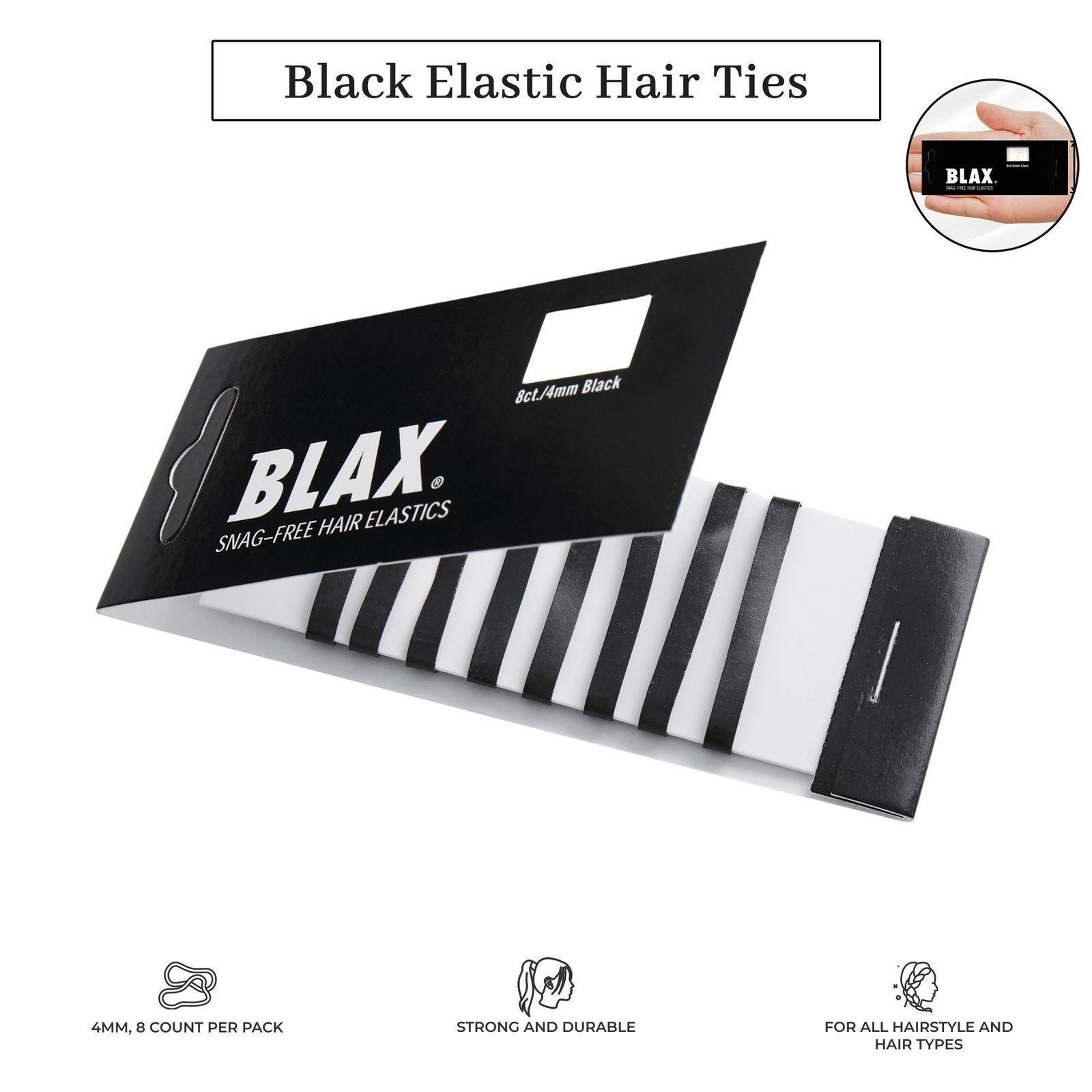 Blax Black Elastic Hair Ties - Snag-Free, Seamless, No-Damage Bands, 4mm 8 Count