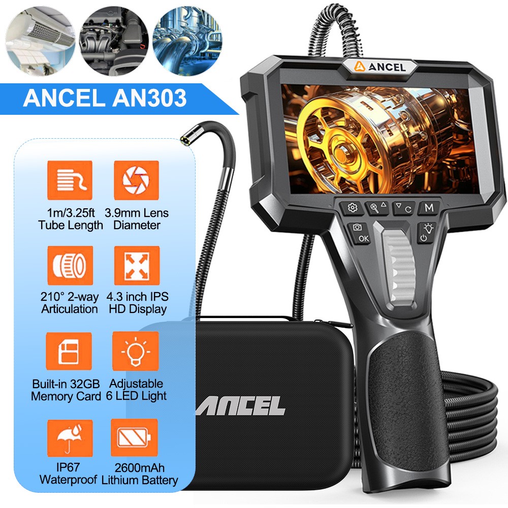 ANCEL AN303 3.9MM Borescope Camera 220° Inspection Camera with Screen 4.3inch