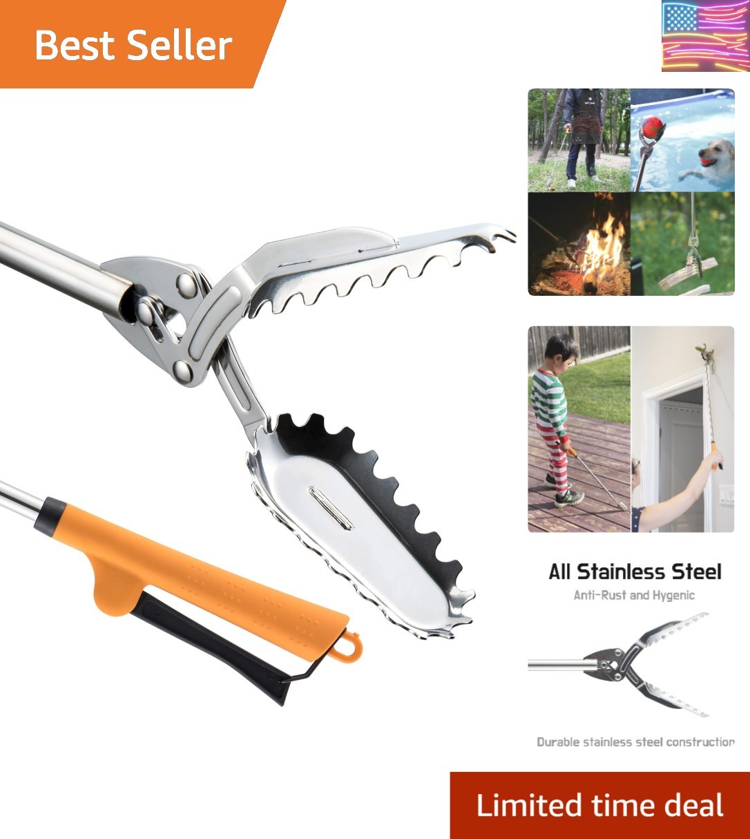 All Stainless Steel Grabber Reacher Pickup Tool Heavy Duty Trash Picker Log B...