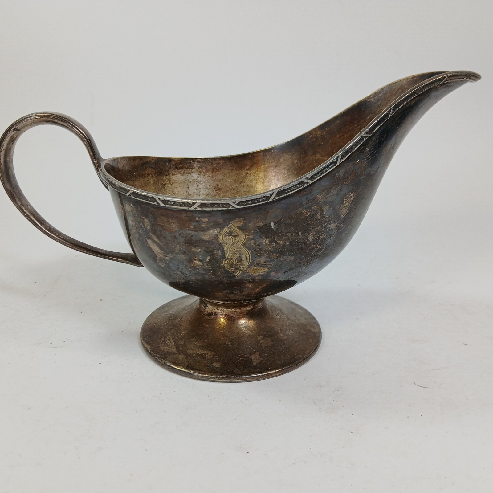 Antique Silver-Plated Sheffield Gravy Boat Engraved "B" Monogram