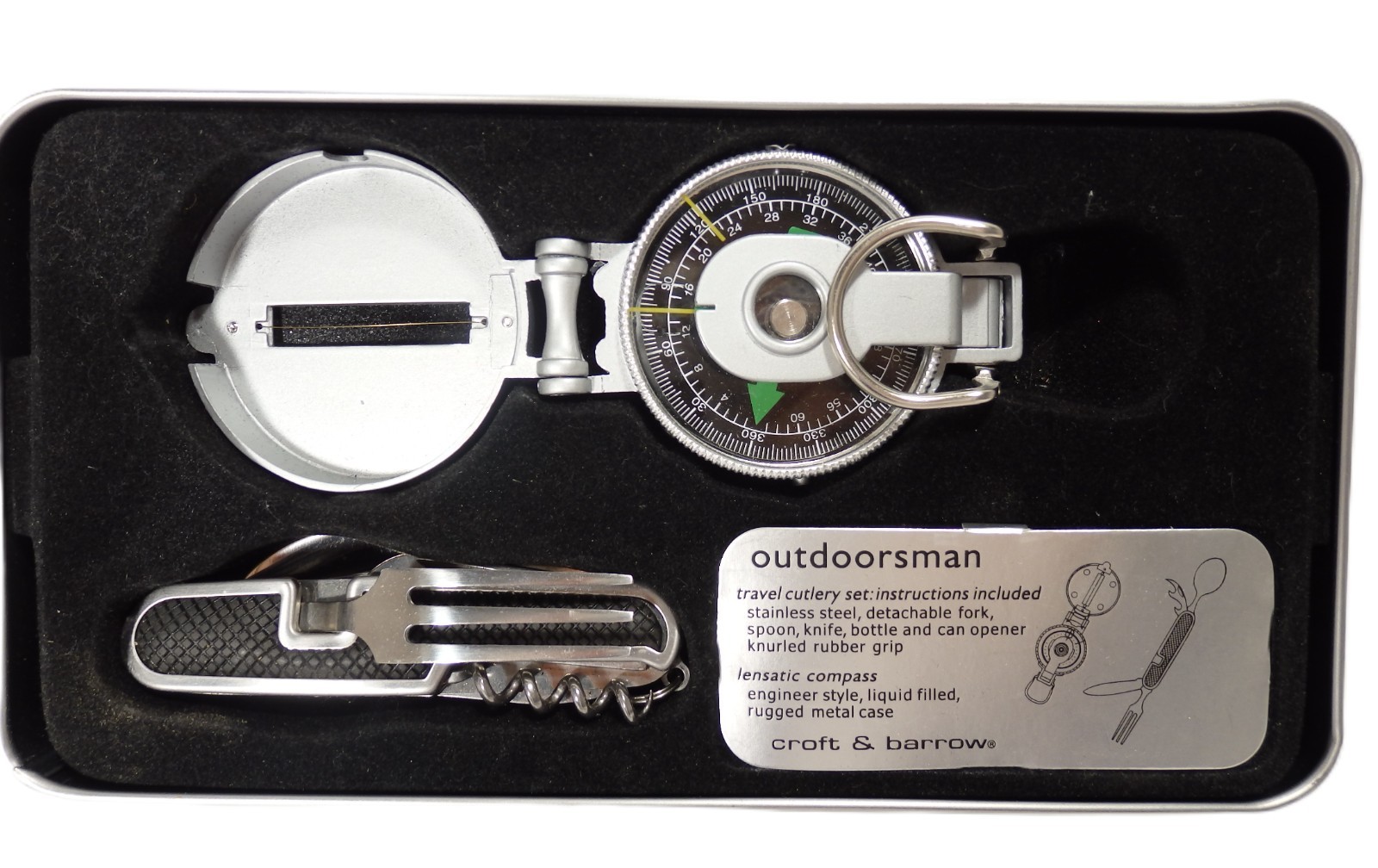 Croft & Barrow Outdoorsman Set Lensatic Compass & Travel Cutlery Multi-Tool Tin