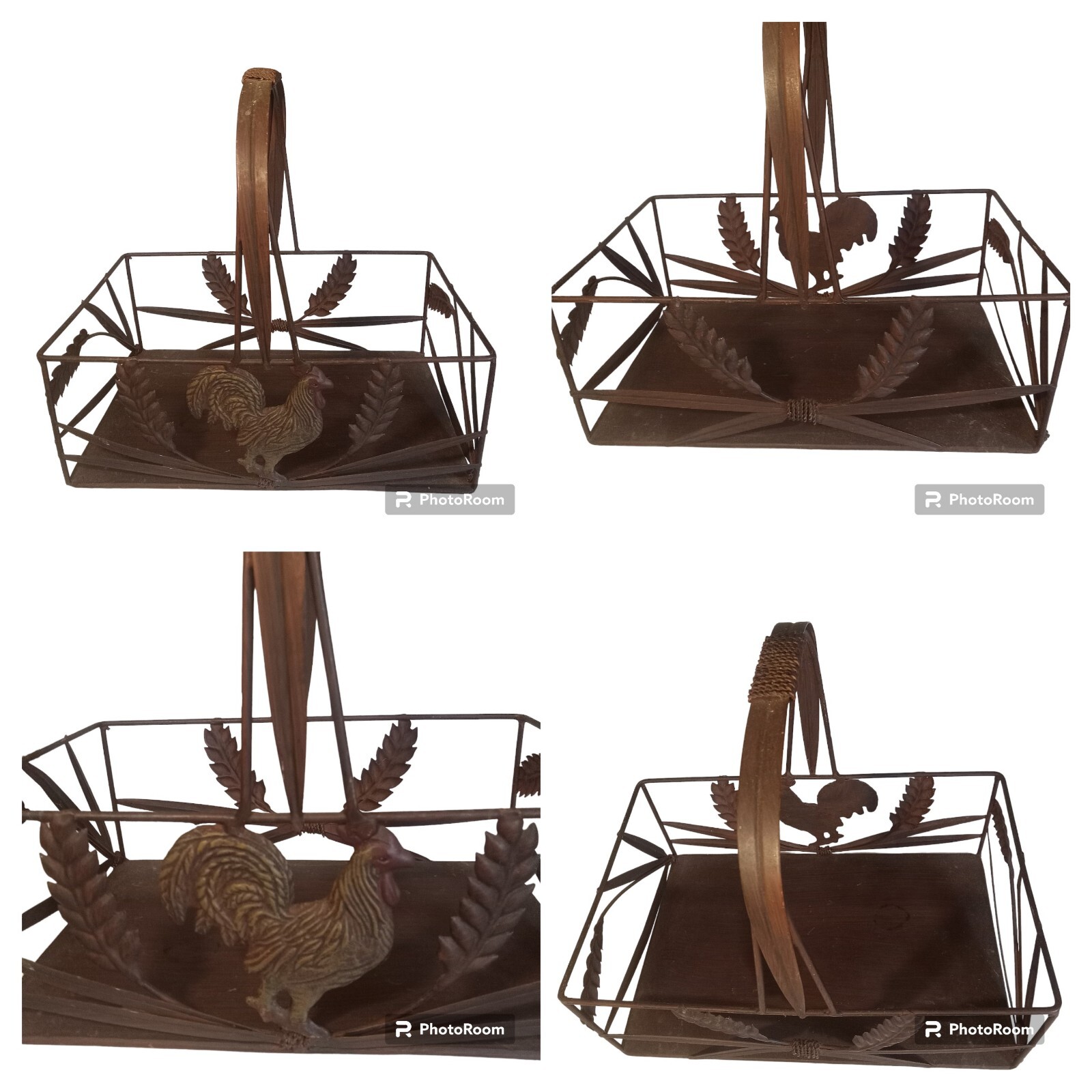 Metal Rooster Basket With Handle Rustic Farmhouse Country Decor