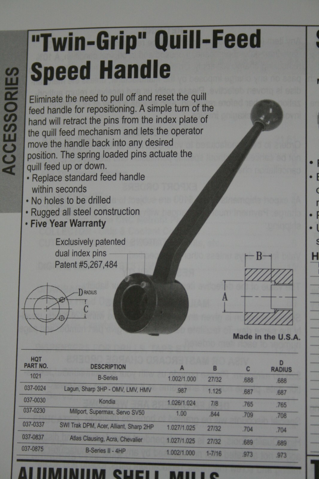 Twin Grip Quill Feed Speed Handle Multiple Mills "NEW"