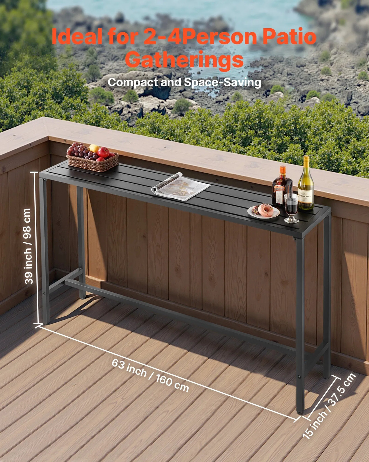 Outdoor Bar Table, 63 x 15 in Patio Bar Table, Waterproof Top & Sturdy Metal Fr