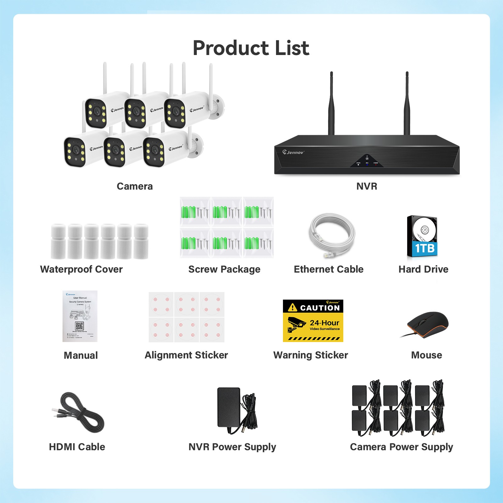 Jennov 5MP Security Camera System NVR with Wide Angle Camera Waterproof 1TB HDD