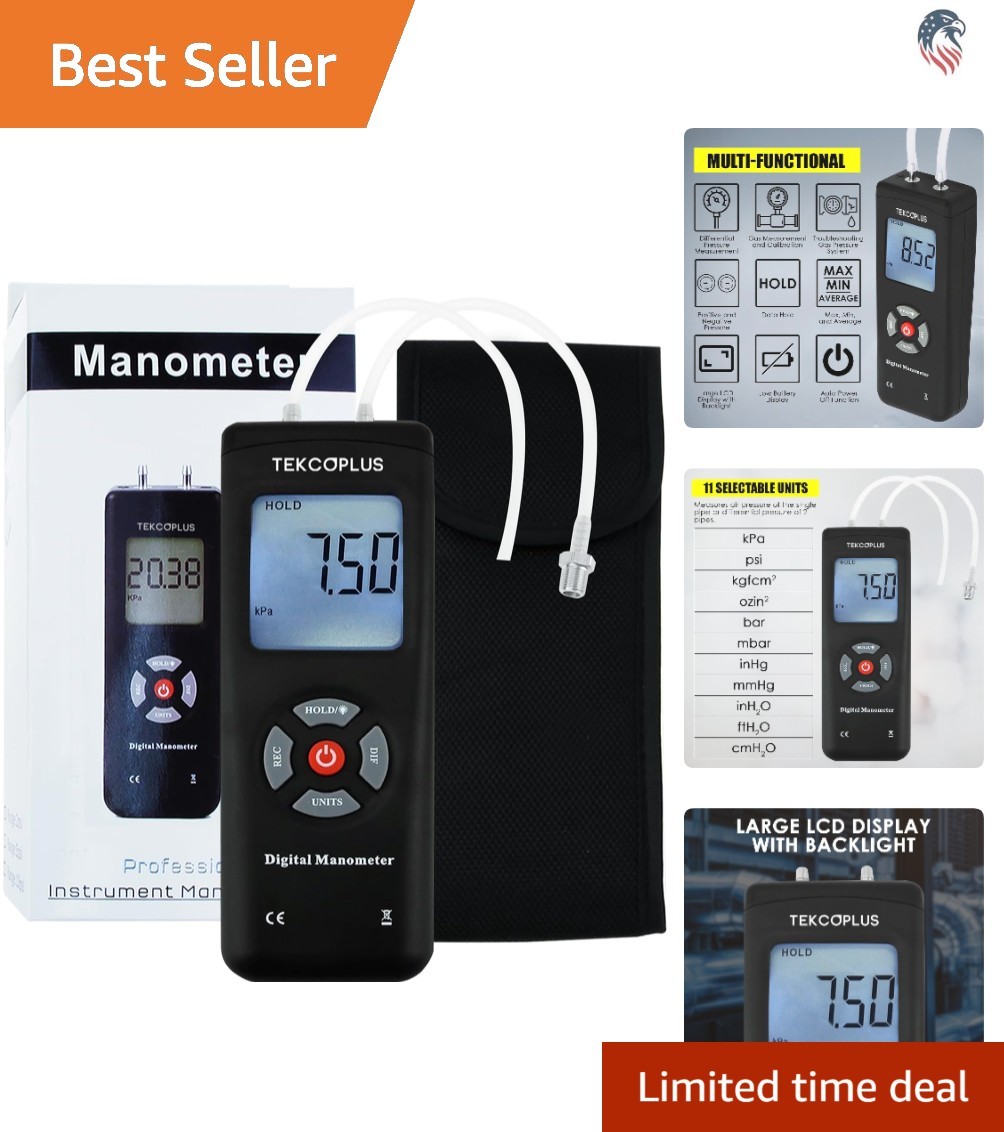 Dual-Port HVAC Digital Manometer Gas Pressure Tester with 11 Measurement Units