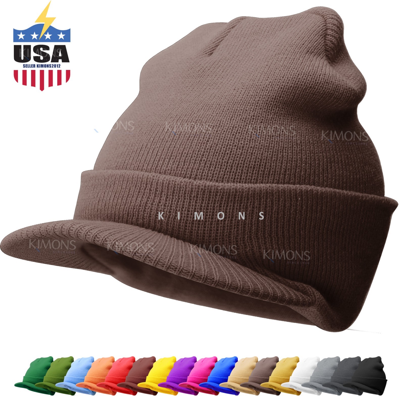 [US MADE] Bill Visor Cuff Beanie Knit Cap Hat Ski Thick Brim Warm Winter Unisex