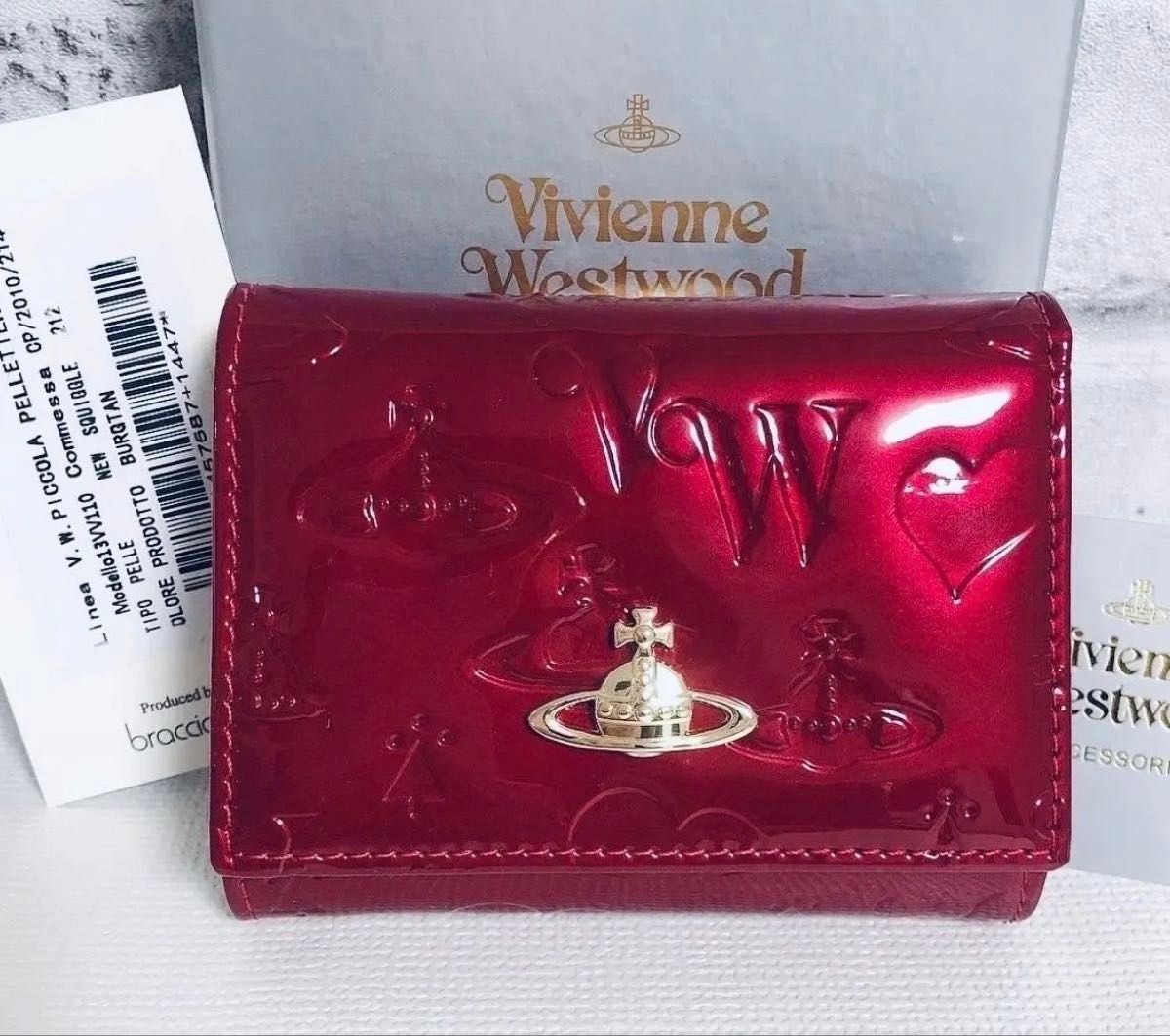Vivienne Westwood Red Embossed Three Fold Wallet Orb Logo Authentic Rare Mint
