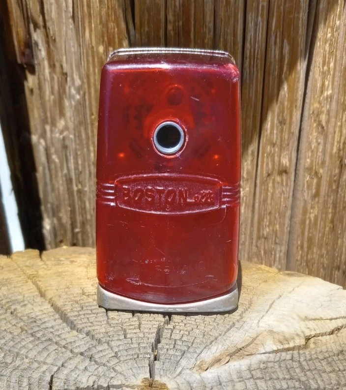 Vtg. Bostonette pencil sharpener ruby red translucent wall/desk mount Hunt Mfg.