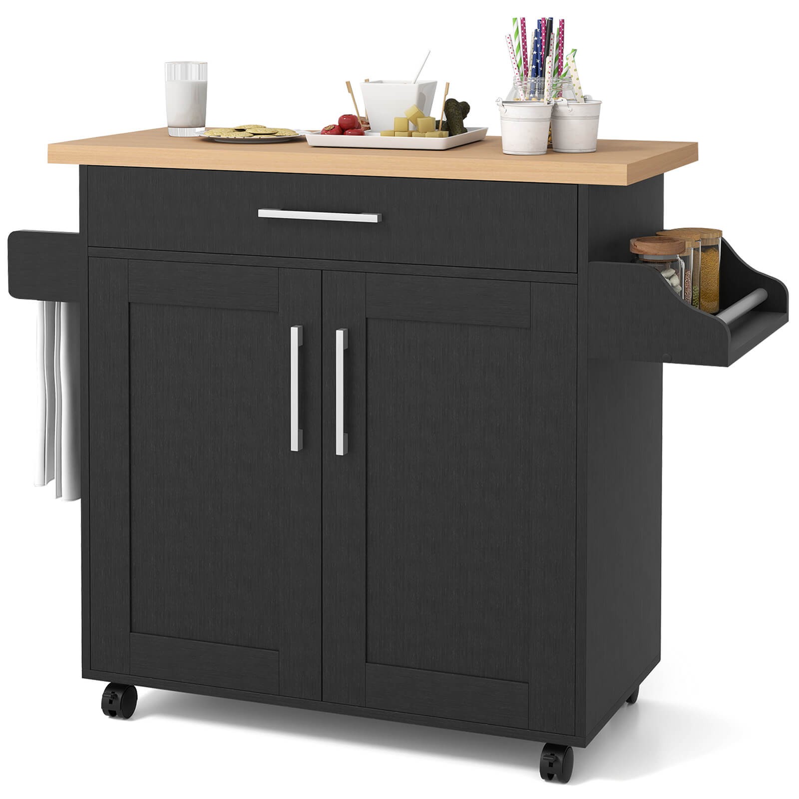 44" Rolling Kitchen Cart with Drawer Adjustable Shelf Spice Rack Towel Holder
