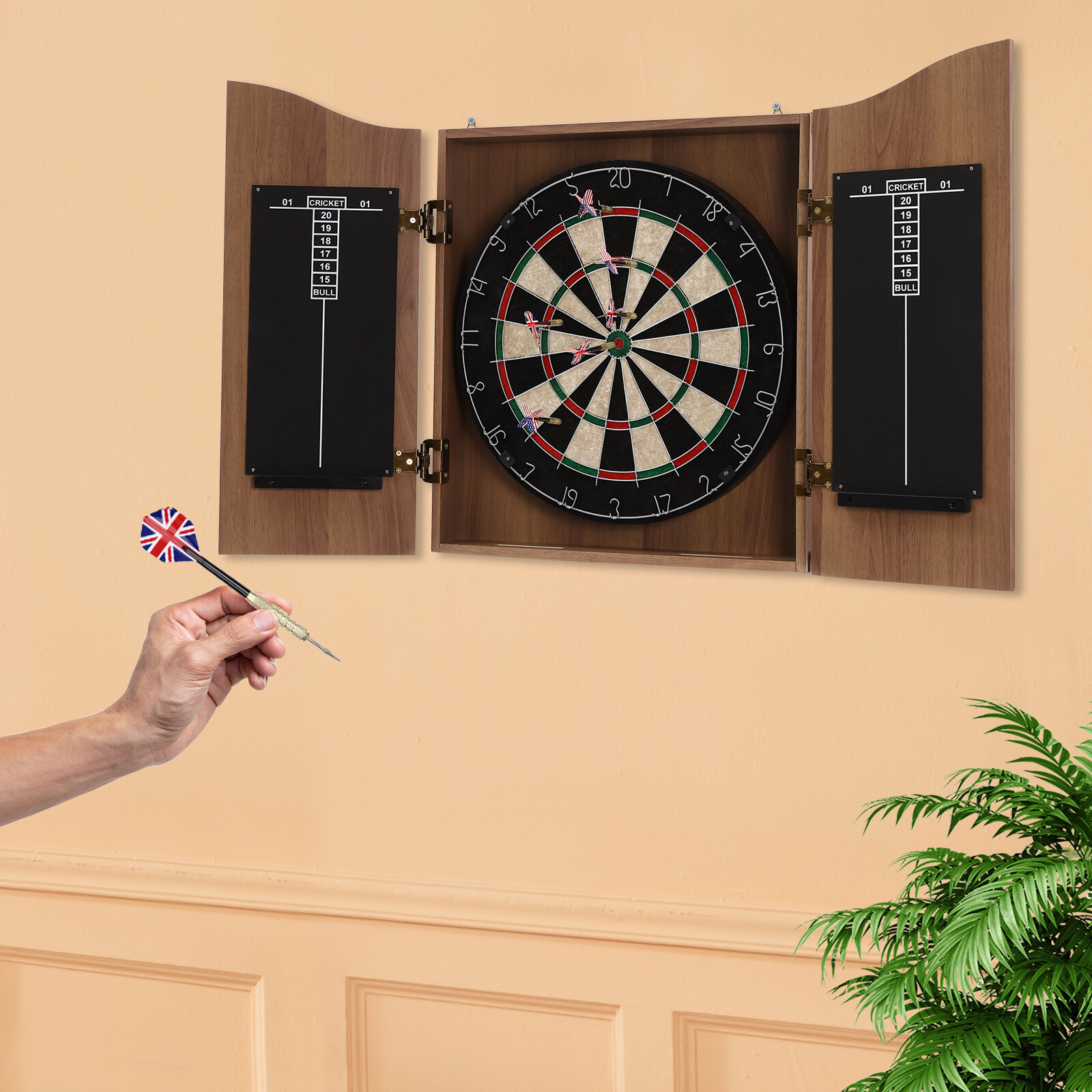 Brown Wall-Mounted Dartboard with Cabinet and Darts Set for Fun Nights
