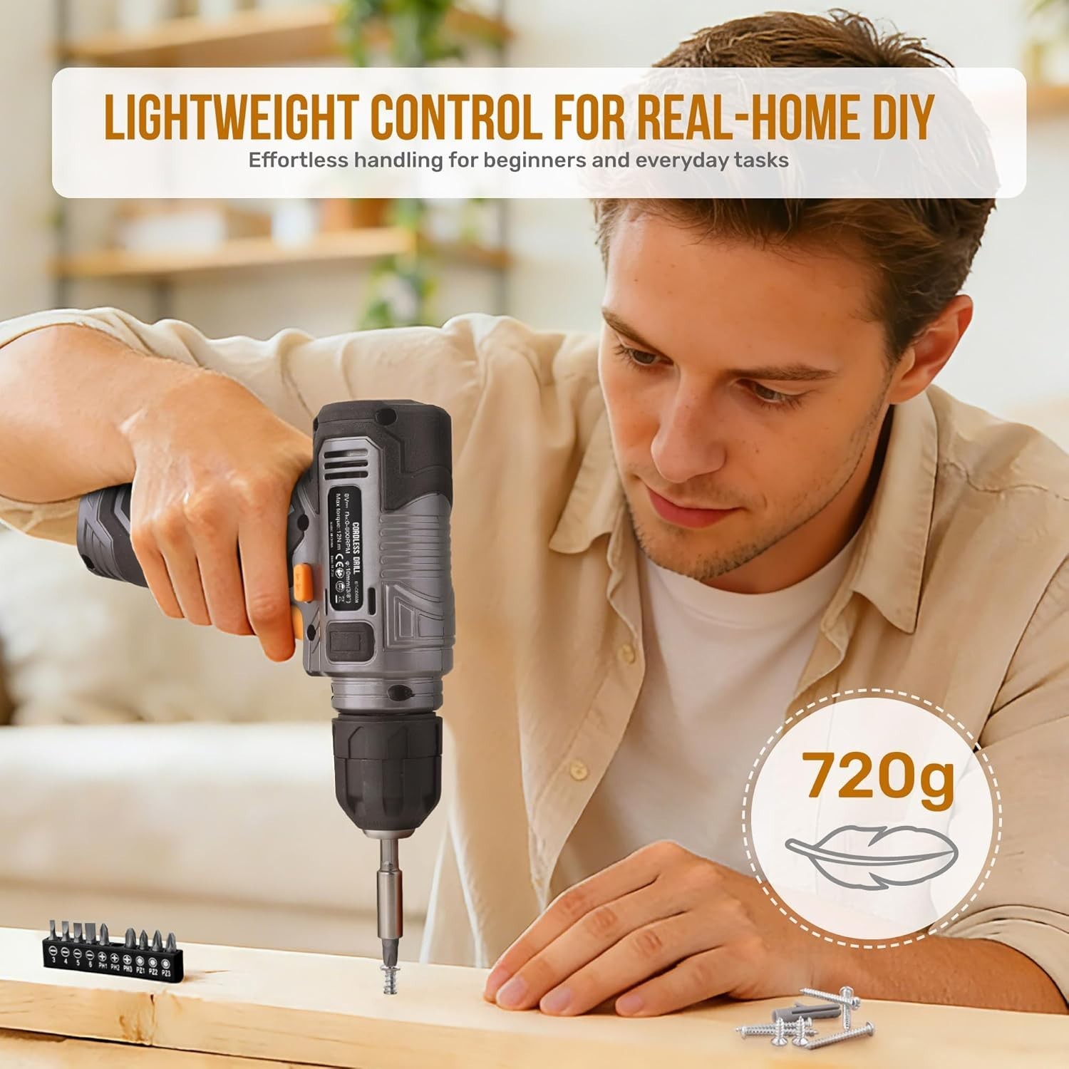 Hi-Spec 8V USB Cordless Drill Driver Kit w/ Bits Wall Hanging Set Grey