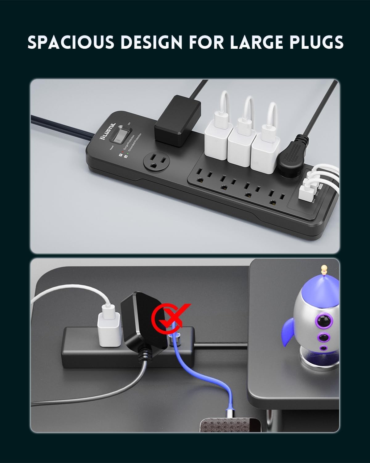 Surge Protector Power Strip 10FT, PLUGTUL with 10 Black