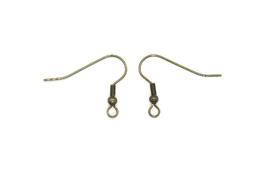 Antique Brass Fish/French Hook Ear Wires with Coil & Ball, 9mm x 25mm, 100 pcs